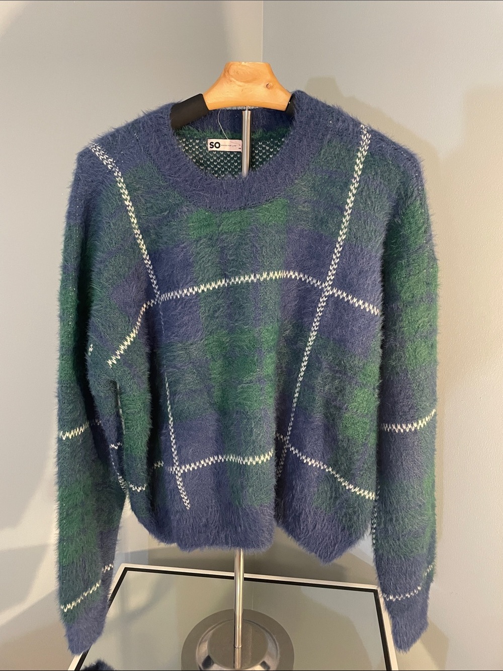 SO Fuzzy Navy and Green classic Plaid Crewneck Sweater very soft new